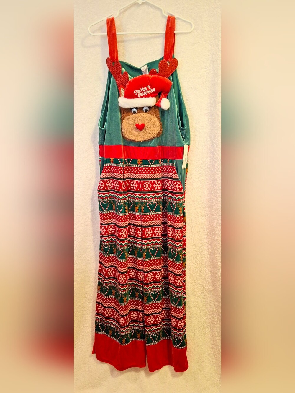 No Boundaries Red and Green Reindeer Holiday Jumpsuit